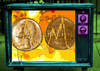 Old TV with two coins on the screen. [Art by author from public domain elements]